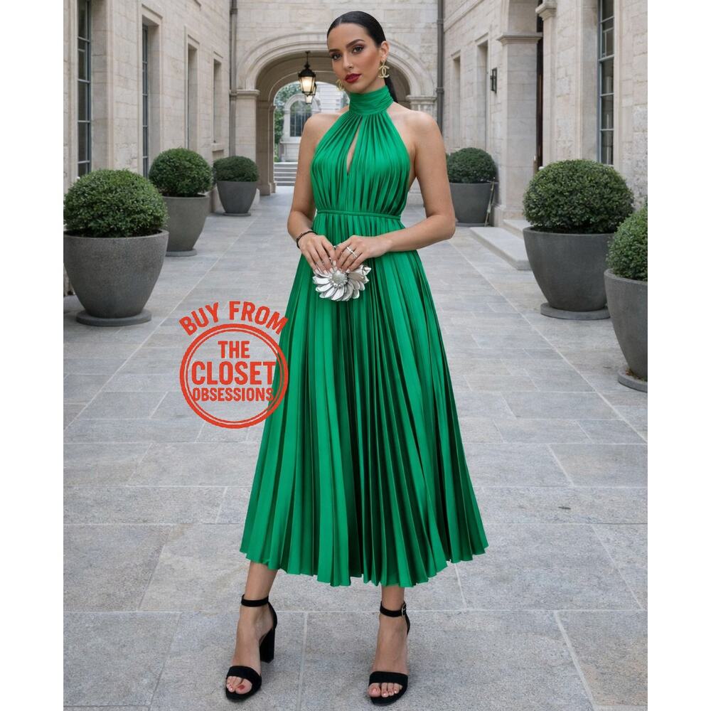 Mango NWT Emerald Green Pleated Halter Midi Dress 6 8 - Picture 3 of 16